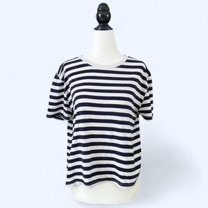 Zara Women’s Navy Blue Cotton Striped Minimalist Capsule  Nautical T-Shirt Large